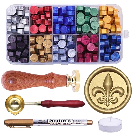SWANGSA 3D Fleur de Lis Wax Seal Stamp with 200pcs Sealing Wax Beads, Great for Embellishment of Wedding Invitations, Wine Packages, Gift Wraps