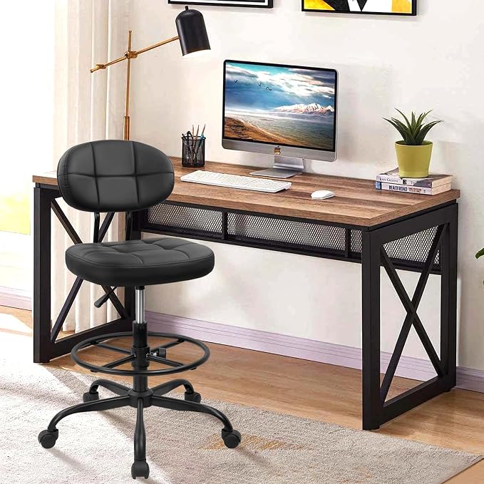 KLASIKA Drafting Stool with Backrest, Tall Adjustable Height Office Chair, PU Leather Swivel Rolling Stool with Footrest & Wheels for Standing Desk, Bar, Salon, Spa, Lab, Counter, Home, Black，4PK