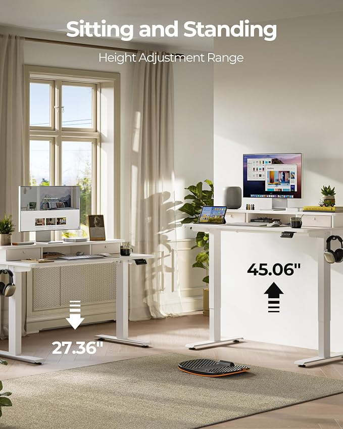 FEZIBO 55 x 24 Inch Height Adjustable Electric Standing Desk with Double Drawer, Stand up Home Office Computer Desk with 4 Height-Adjustable Feets & 2 Hooks, White