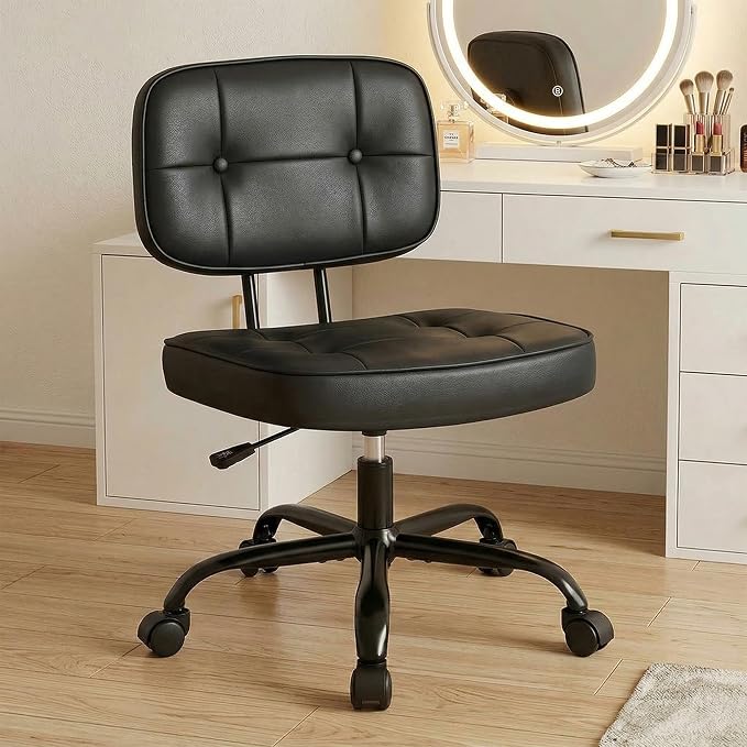 DUMOS Armless Office Desk Chair, Small Vanity Chair with Lumbar Support | PU Leather, 360° Rolling Swivel, Height Adjustable, Fit Computer Task, Bedroom Living Room, Black