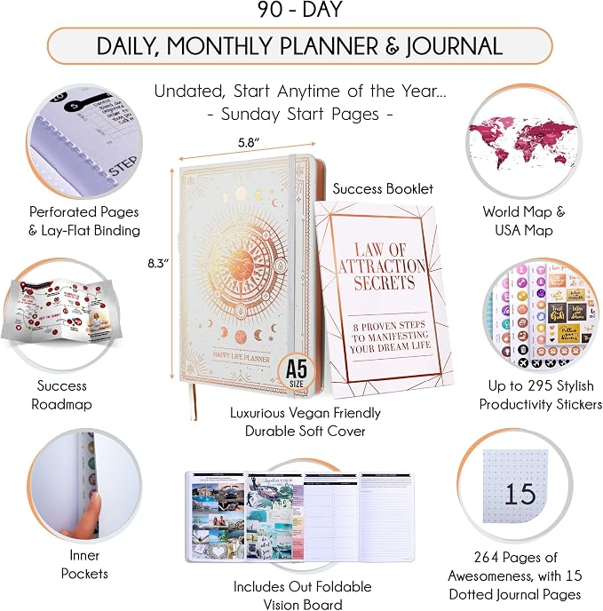 90-Day Goal Planner with Daily Journal, Gratitude & Habit Tracker | Daily Planner, Productivity, Time blocking, Manifestation & Affirmations with Vision Board, Guided Journal for Women & Men