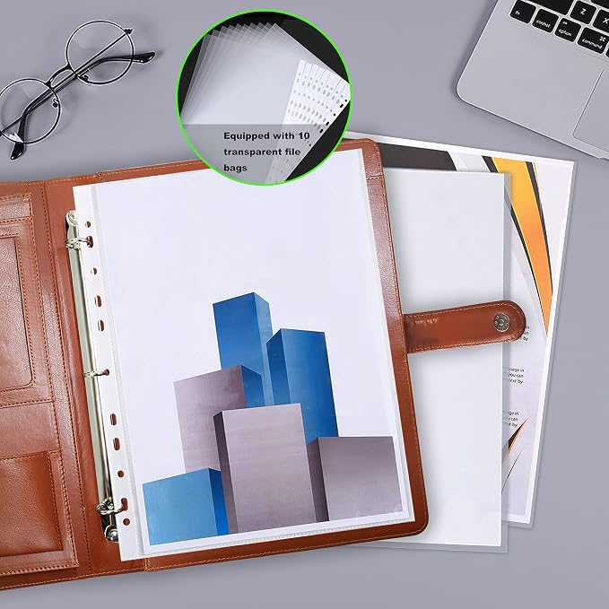 Leather Portfolio Binder (3 Rings) - Brown Padfolio With Letter Size Writing Pad, 10 File Sleeves, Card and Pen Holder - A4 Notebook Organizer for Interview, Resume, Conference