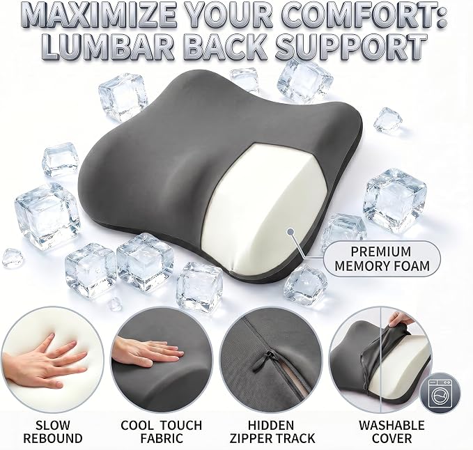Lumbar Support Pillow, Ergonomic Memory Foam Back Cushion for Car Office Chair Gaming Chair, Washable Cool-Touch Cover for Lower Back Support (Dark Grey)