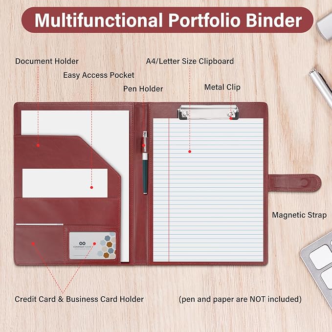 Professional Padfolio, Multi Function Faux Leather Portfolio Binder with Clipboard - Interview Resume Folder, Legal Document, Business Card Holder, for Office, Conference, Interviews (Brown)
