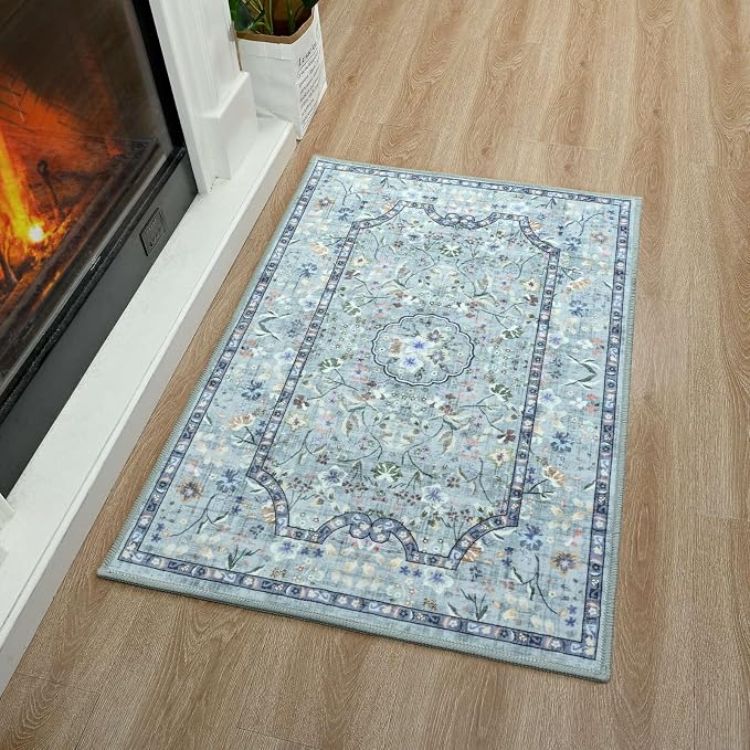 Vasofe 2x3 Area Rug for Bedroom, Small Rugs for Entryway, Kitchen, Bathroom, Non-Slip Washable Carpet Soft Low Pile Vintage Floral Teal Mat Front Door Mats for Indoor Entrance