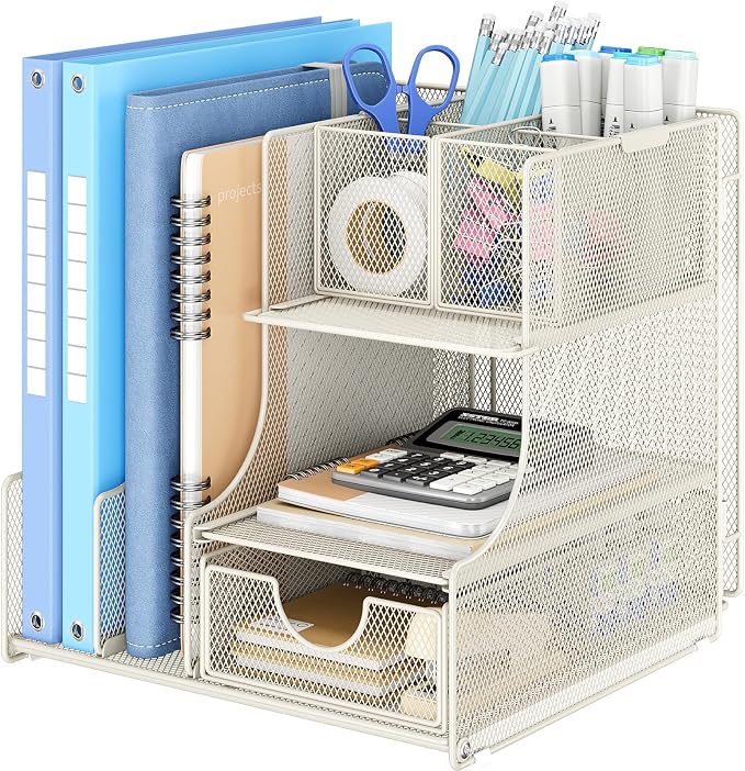 Lavatino Desk Organizer – 4-in-1 White Mesh Office Supplies Organizer with Pen Holder, File Holder, Desktop Tray, and Drawer for Home, Office, Classroom