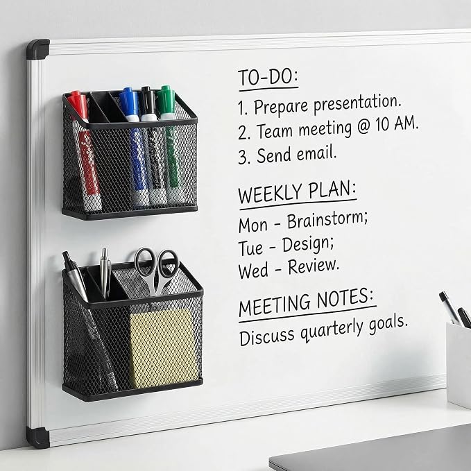 Neudeco Magnetic Pen Holder, Black, 2 Pack, 3-Compartment Metal Mesh | Magnetic Organizer for Whiteboard, Refrigerator, Locker & Filing Cabinet, Dry Erase Marker Holder