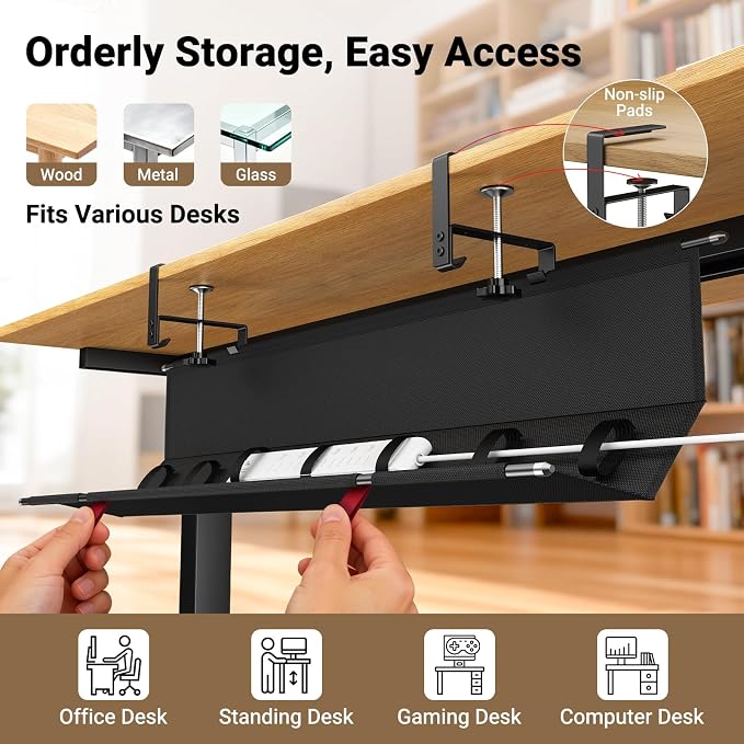 Housolution Under Desk Cable Management Tray, 36'' Cord Management | Premium Fabric Cable Storage Organizer, No Drilling Clamp/Screw Mount Cord Organization Tray for Office Home