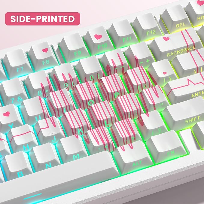 Cherry Profile PBT Keycaps, Heart Design Custom Keycap Set with Dye Sublimation, Side Printed Key Caps Suitable for Cherry Gateron MX Switches Mechanical Keyboard & 130 pcs - White