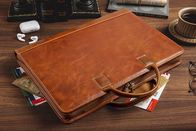 Oil Wax Leather Portfolio, Padfolio Organizer with Handle, Personalized Padfolio，Padfolio With Zipper for Men Women，Suitable for 15-inch Laptop Legal Pad Padfolio, Brown