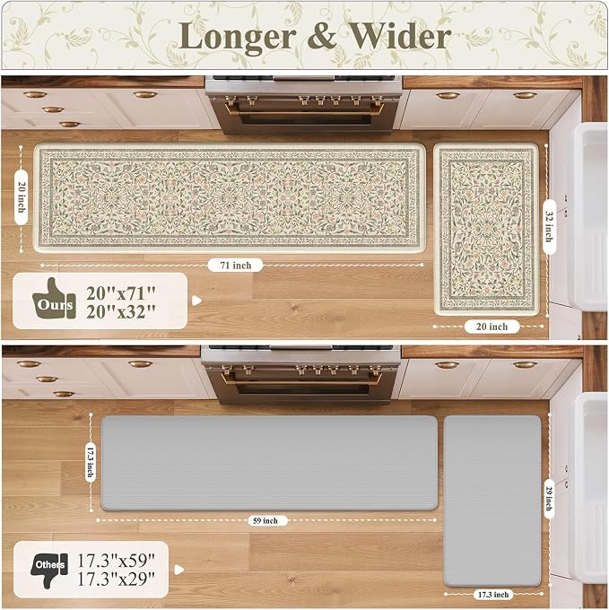 KIMODE Anti Fatigue Kitchen Mats for Floor, Farmhouse Kitchen Rugs Sets of 2, Cushioned Kitchen Floor Mats, Beige Bathroom Rugs Non Slip for Sink Home Decor Laundry Office Bedroom 20"x71"+20"x32"