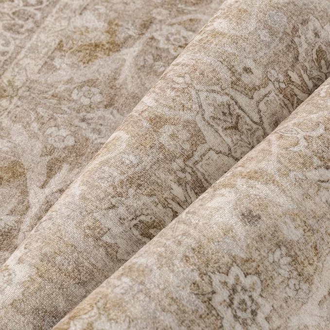PureCozy Brown 5x7 Area Rug Washable Vintage Living Room Carpet Bedroom Indoor Non Slip Soft Low Pile Thin Stain Resistant Distressed Accent Throw Rug for Dining Office Nursery