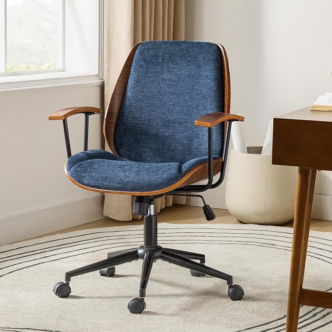 HULALA HOME Solid Wood Office Chair with Tilt Function & Metal Base, Navy | Mid Century Modern Desk Chair with Bent Wood Frame, 360° Swivel Fabric Computer Task Chair, Height Adjustable