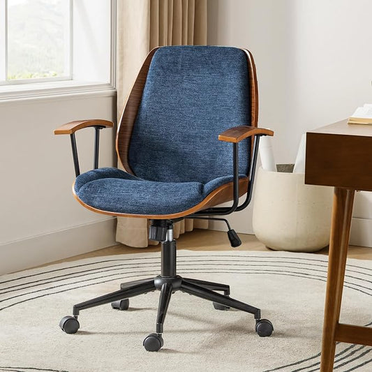 HULALA HOME Solid Wood Office Chair with Tilt Function & Metal Base, Navy | Mid Century Modern Desk Chair with Bent Wood Frame, 360° Swivel Fabric Computer Task Chair, Height Adjustable