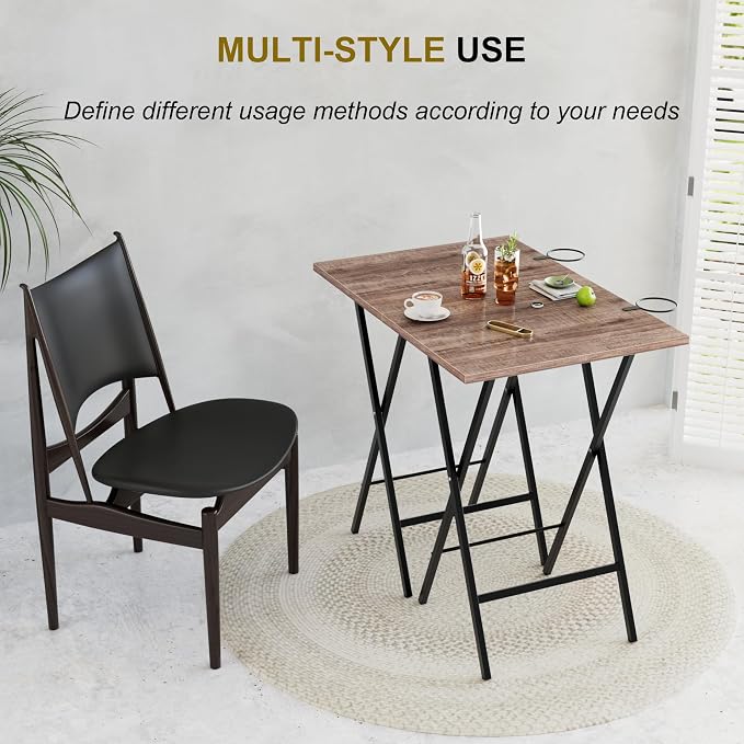 VECELO Folding TV Tray for Eating Set of 2, Portable Dinner/Snack Table with Cup Holder for Couch, Living Room and Small Space, Coffee & Black