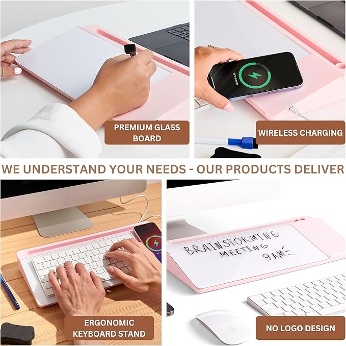 GAROOD Desktop Dry Erase Board with Storage (Pink Base) Wireless Charger Desk White Board Desk Board Glass Desktop White Board with Stand Home Office Organizer Phone Holder 15.8X7X2 inches