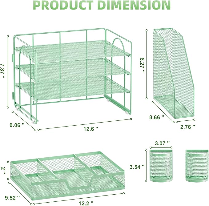 Marbrasse 4-Tier Paper Tray Organizer with Drawer and Pen Holder, Green | Metal Mesh Desk Organizer, Built-in Drawer & 2 Pen Slots, fits letters/Files, for School Home Office Supplies