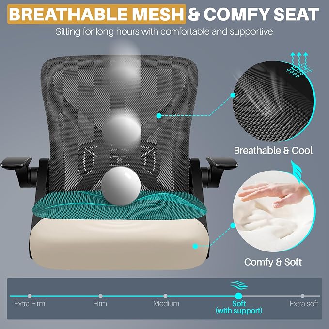 FelixKing Office Chair - Ergonomic Desk Chair Breathable Mesh Task with Wheels and Lumbar Support Home Desk Office Chairs with Flip up Armrest Rolling Swivel for Home Computer Black Pack of 2