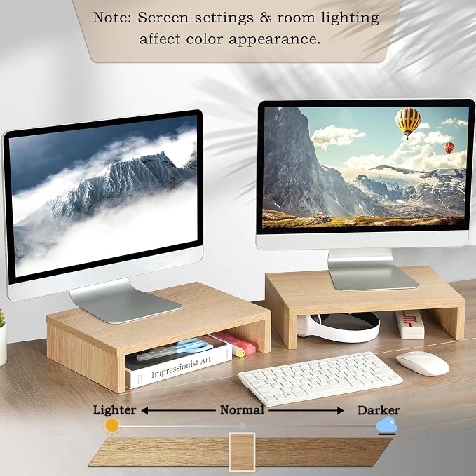 TEAMIX Wood Monitor Stand Riser-2 Packs, Maple | Holds 80Lbs, Stacked/Separate Adjustable Use, 2 Tier Adjustable, Fits laptop, TV, PC. For Home Office, Gaming