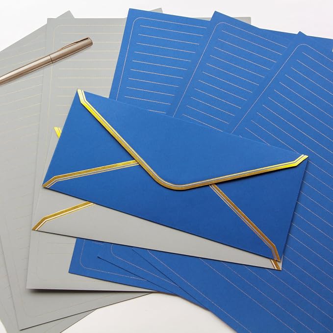 J6&H6 Gold Thread Stationary Paper and Envelopes Set Including 12 Standard Sized Phnom Penh Envelopes and 24 Sheets of Lined Paper Suitable for Daily Emotional Expression Formal Communication(Blue)