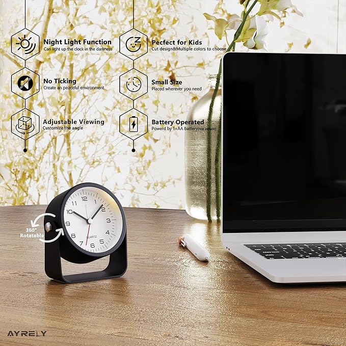 AYRELY® 3.5" Small Analog Travel Alarm Clock, Battery Operated Desk Clock | Cute Table Clock with Light, Adjustable Angle, Bedside, Bedrooms, Kids' Rooms and Living Room Decor (Black)