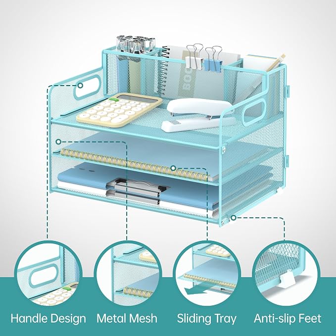 3-Tier Desk Organizer with Pen Holder and Handles, Paper Organizer, Blue | Desk Organizer and Paper Organizer for Desk with Pen Holder, Paper Trays and Handles for Files, Mail and Office Supplies