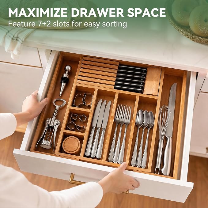 Luxury Teak Expandable Kitchen Drawer Organizer - Cutlery & Utensil Tray | Solid Teak Silverware & Flatware Organizer, 9 Compartments, Removable Knife Block & 2 Adjustable Dividers for Kitchen Cabinet