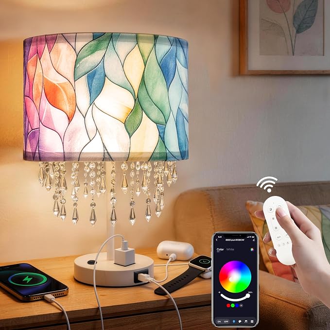 Smart Table Lamp with Colorful Leaf Fabric Shade & Acrylic Droplets, E26 LED Bulb Included, Bedside Desk Lamp with USB C & AC Outlet, App & Voice Control, Compatible with Alexa & Google Assistant