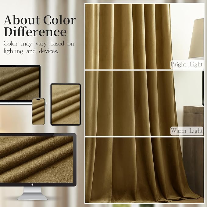 Velvet Curtains 102 Inches Long for Bedroom, Soundproof Room Darkening Thermal Insulated Drapes Luxury Blackout Curtain for Dining Room Cottage, Back Tab Rod Pocket, Goldbrown, W52 x L102, 2 Panels