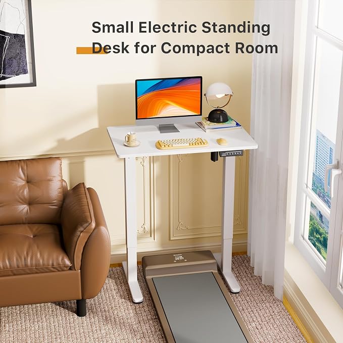 JOY worker Tiny Electric Standing Desk, 31.5" Whole Piece Height Adjustable | 31.5" x 20" White Small Sit Stand Desk with Memory Controller, Narrow Computer Workstation for Home Office School Walking Pad
