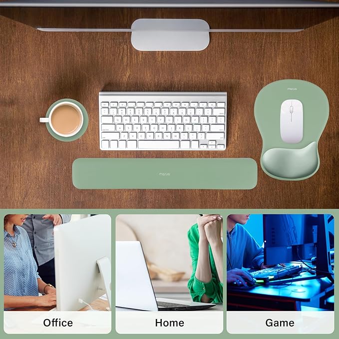 MOSISO Wrist Rest Support for Mouse Pad&Keyboard Set, Ergonomic Mousepad&Coaster, Non-Slip Base Home/Office Rectangular Easy Typing Cushion Pad with Soft Cloth&Curved Concave Memory Foam, Green
