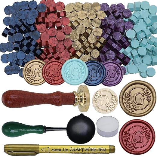 Initial Alphabet Wax Seal Stamp Set, Retro Letter G Sealing Stamp with 150Pcs Sealing Wax Beads in 5 Color, Melt Non Stick Spoon Pen Kit for Wedding and Christmas (G)