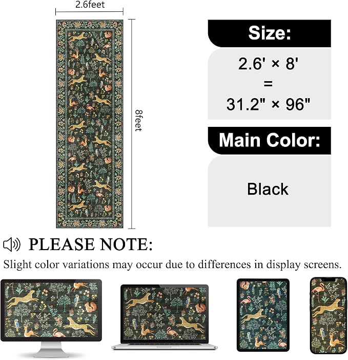 DUKINO 2.6x8 Rug for Hallway, Washable Kitchen Runner Rug with Non Slip Backing, Soft Low Pile Vintage Animal Runner for Bedroom, Kitchen, Hallway, Entryway, Laundry, Black