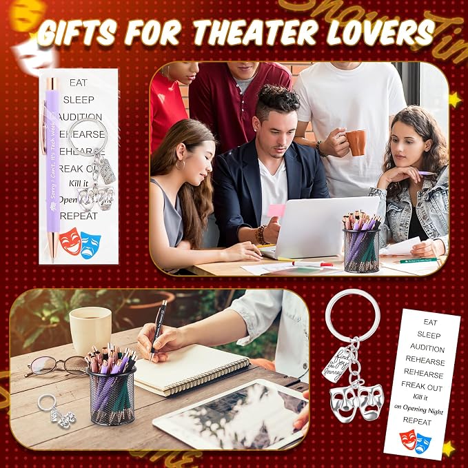Sayglossy 24 Set Theater Gifts Drama Mask Keychain Ballpoint Pen with Quotes Comedy Tragedy Mask Theatre Keychain Performer Theatre Lover Gift for Women Men Friends Actors Drama Students Reward