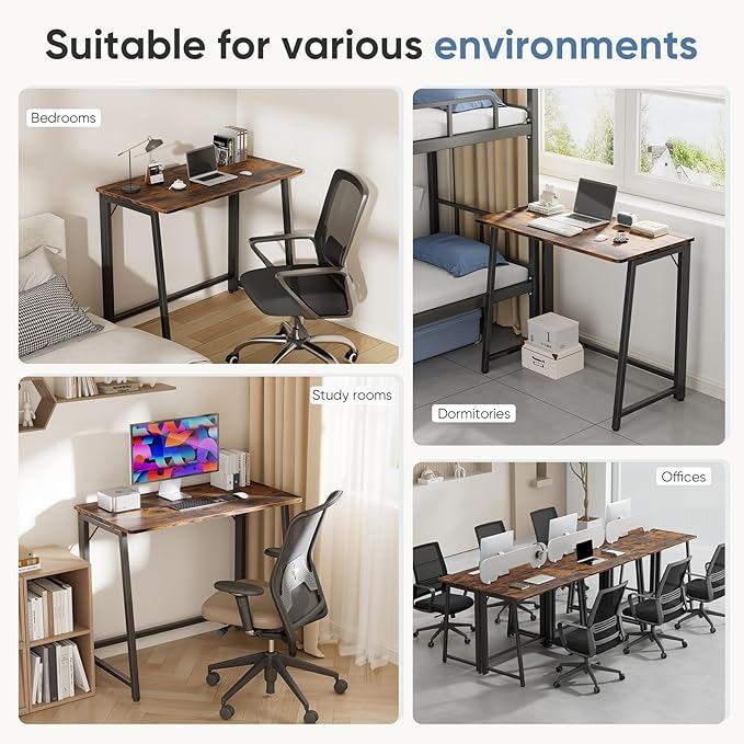 DUMOS 31.5 Inch Folding Desk, Foldable Computer Table for Small Spaces, Metal Frame Gaming Writing Work Station, Mini Home Office Surface, Rustic Brown