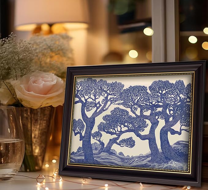 Vintage Gold Framed Wall Art Oak Tree Forest Painting Canvas Prints Blue Woodland Nature Landscape Picture Moody Botanical Poster Artwork for Living Room Bedroom, 12x16in