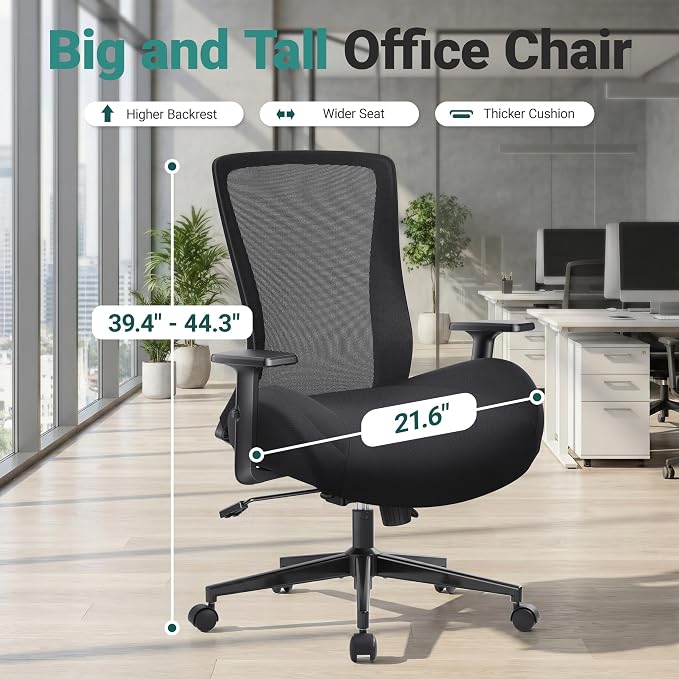 Big and Tall Home Office Desk Chair 400lb Capacity for Heavy People, Ergonomic Wide Mesh Desk Chair with Stepless Recline & Lock, 5.5" Thick Cushion, High Back, Adjustable Height & Armrests