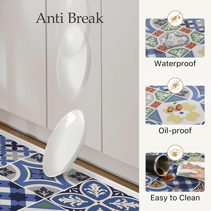 GENIMO Anti Fatigue Kitchen Mats for Floor, Cushioned Non Slip Kitchen Rug, Waterproof Kitchen Floor Mat Runner, Kitchen Mat for Laundry, Sink, Office, Entryway, 17.3"x59"+17.3"x30", Blue