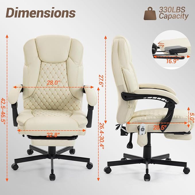 Heated Massage Executive Office Desk Chair with Footrest - Beige | 6 Points Vibration Massage System, 5 Massage Modes, 3 Target Areas (Back,Lumbar,Seat), Reclining 90°-135°