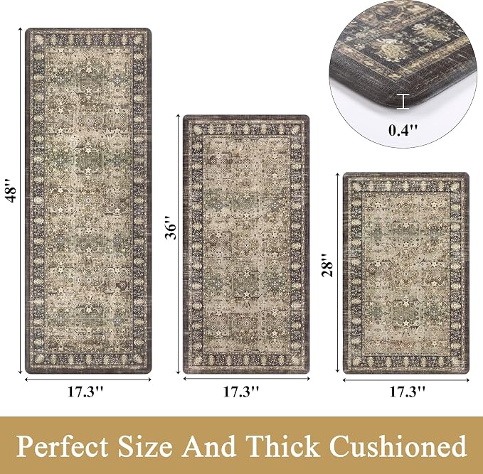Pauwer Anti Fatigue Kitchen Floor Mats Set of 3, Cushioned Rug, Multi Brown | Non Slip Comfort Standing Mat, PVC Foam Padded Kitchen Rugs, Waterproof Sink Rug for Small Kitchen Area, Laundry Room