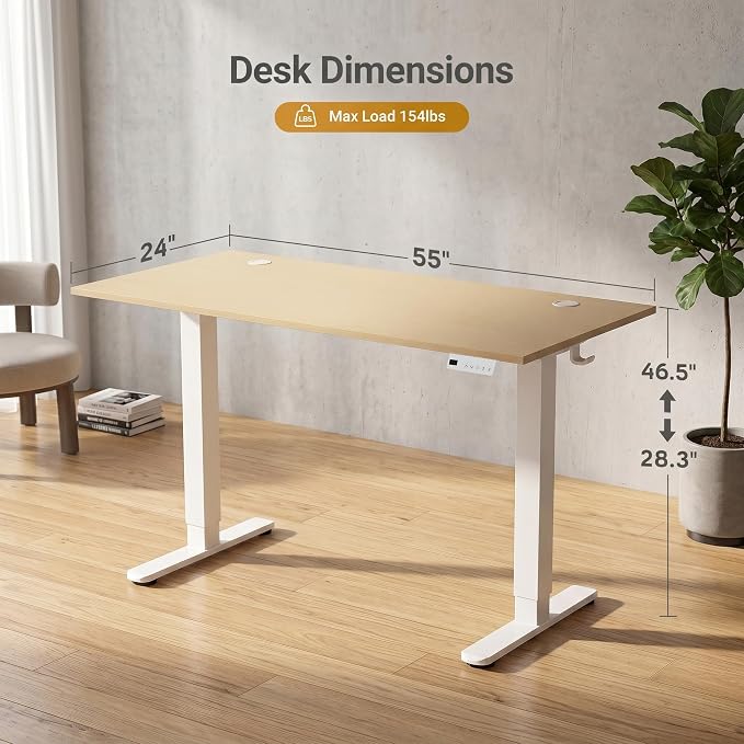 Claiks Electric Standing Desk 55x24 Inch Adjustable Desk, Nature | 156lbs weight capacity, 3 memory presets, industrial steel frame, cable management hub, adjustable height , easy assembly
