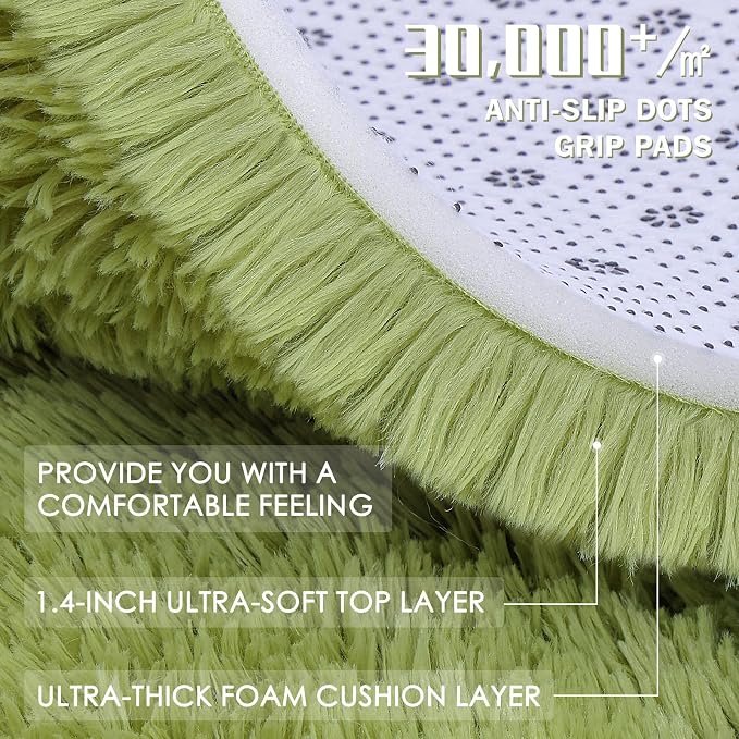 OLANLY Grass Green Round Rugs for Bedroom - Machine Washable, 4 ft Circle Area Rugs for Living Room, Soft and Fluffy Shaggy Carpet for Teen Girls and Boys, Nursery Rooms, Dorms, Home Decor Aesthetic