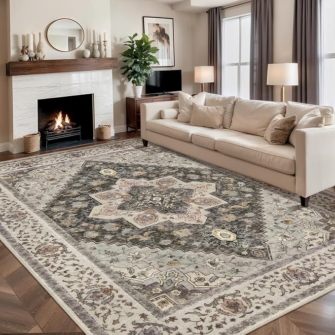 Tangsoo Farmhouse 5x7 Area Rug Washable Rug for Living Room, Vintage Indoor Non Slip Large Area Rugs, Print Distressed Grey Carpet, Soft Low Pile Foldable Floor Rug for Office Bedroom Dining Room Dorm