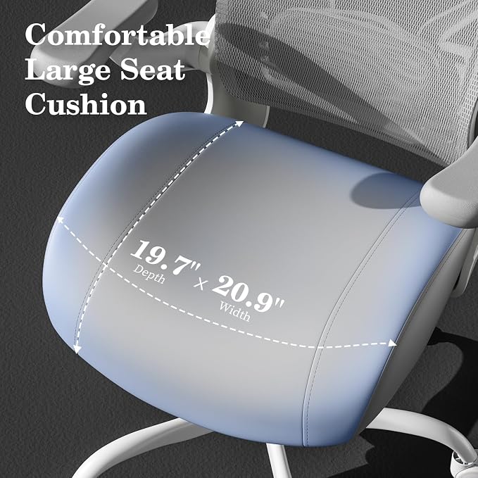 GYI Ergonomic Office Chair with Memory Foam Cushion, Big and Tall Office Chair, 4.7" Thickened Seat Heavy Duty Desk Chair with Technical Mesh Back, 3D Flip-up Arms, Wheels for Heavy People, Grey