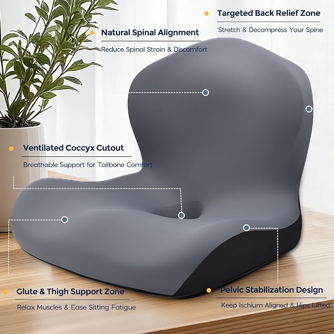 Seat Cushion for Office Chair and Car, L-Shaped Ergonomic Car Seat Cushions, Memory Foam Chair Cushion, Lumbar Support Pillow for Wheelchair, Car, Home, Office, Desk, Gray