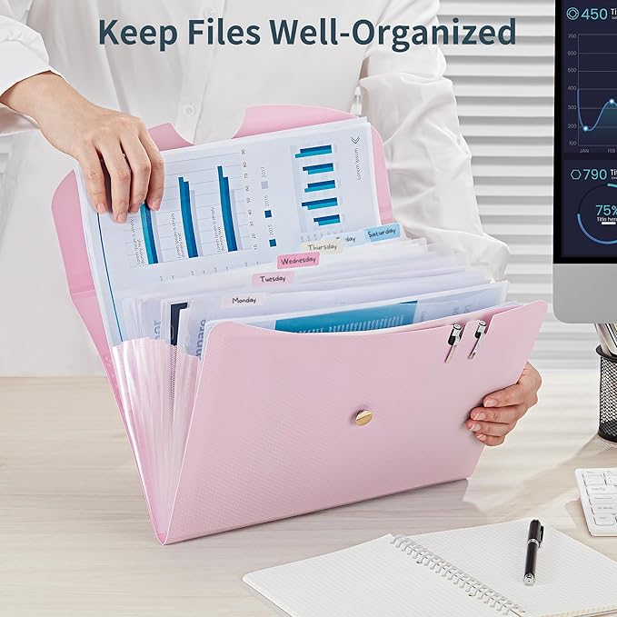 JARLINK 7 Pockets Expanding File Folder, A4 Size Accordion File Folders with 12 Labels, Cute Paper Organizer, Portable Document Organizer for Home College School Office Supplies, Macaron Pink