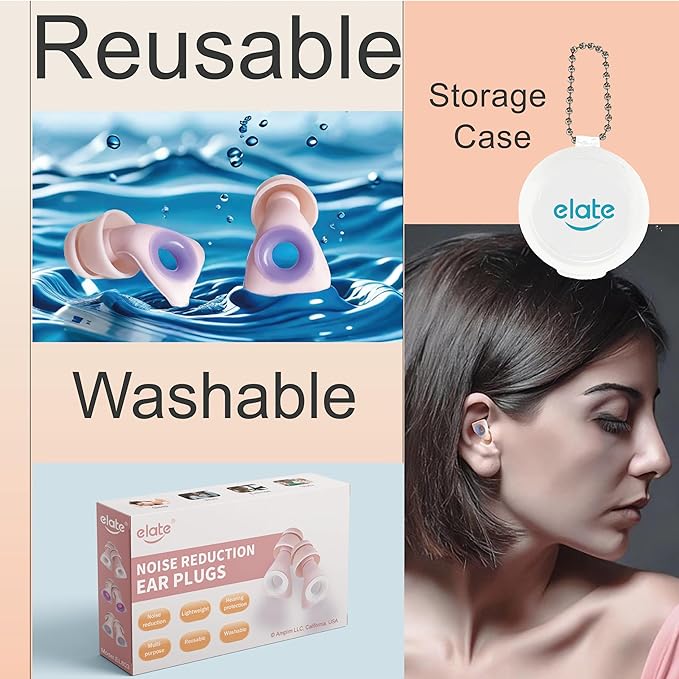 Elate Silicone Ear Plugs for Sleeping, 27dB Noise Reduction Reusable Earplugs, Soft Comfortable Ear Plugs for Snoring, Travel, Study, Concert, Swimming with Case - Pink