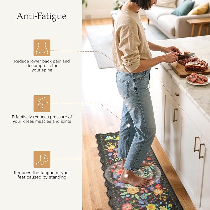 GENIMO Anti Fatigue Kitchen Mats for Floor 2PCS, Cushioned Standing Mats | 17.3"x47"&17.3"x30", Mix Black vintage floral rug set, waterproof, non slip, easy-clean for farmhouse