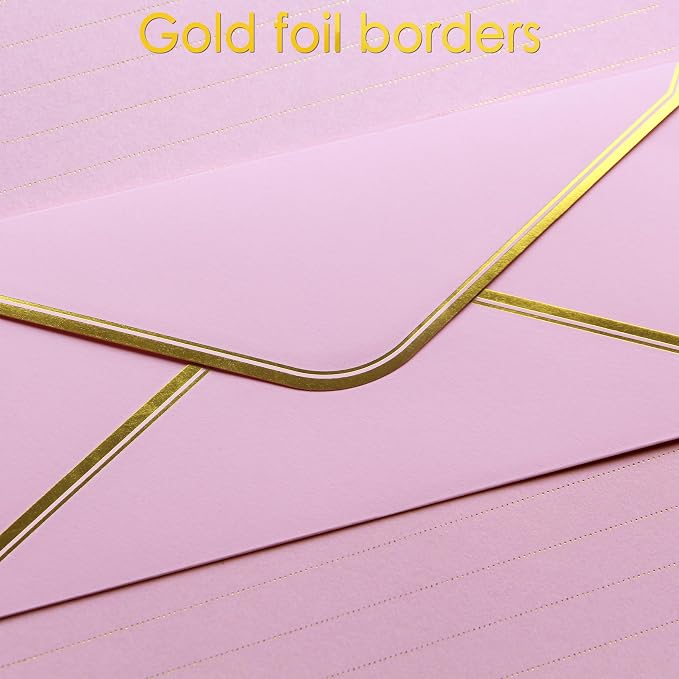 J6&H6 Gold Thread Stationary Paper and Envelopes Set Including 12 Standard Sized Phnom Penh Envelopes and 24 Sheets of Lined Paper Suitable for Daily Emotional Expression Formal Communication(Pink)