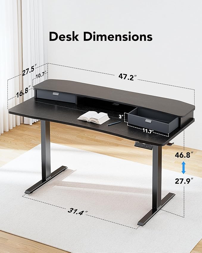 HUANUO 48″ x 28″ Electric Standing Desk with 2 Drawers, C-Clamp Mount Compatible, Height Adjustable Computer Desk, Home Office Stand Up Desk with 4 Preset Heights & 2 Hooks, Black